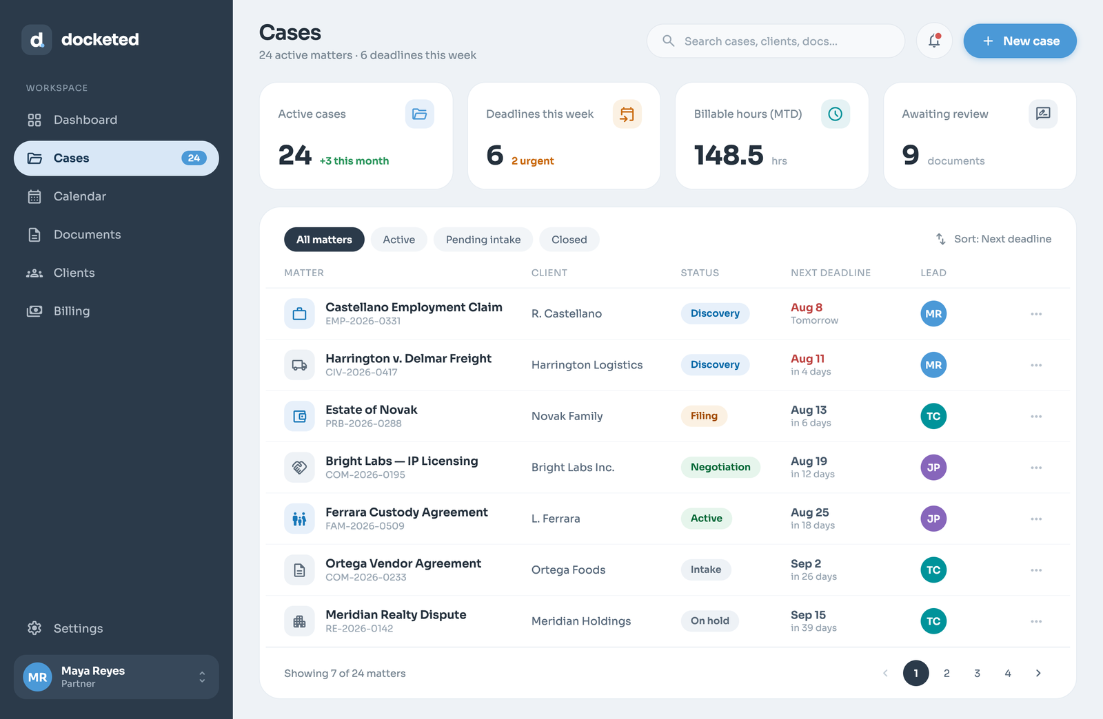 Docketed cases dashboard, sample UI